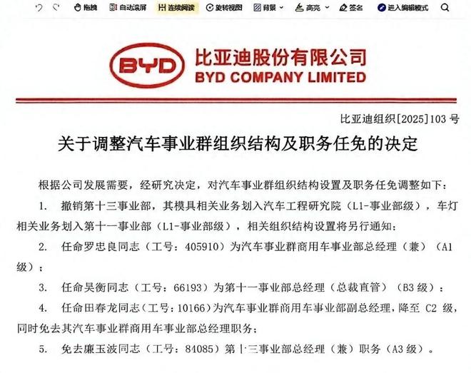 比亚迪组织架构大调整 撤销第13事业部！